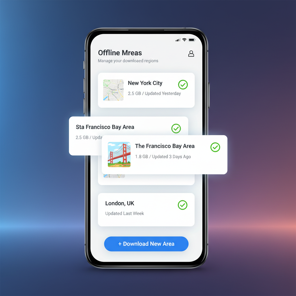 Google Maps offline areas management screen showing downloaded regions for travel
