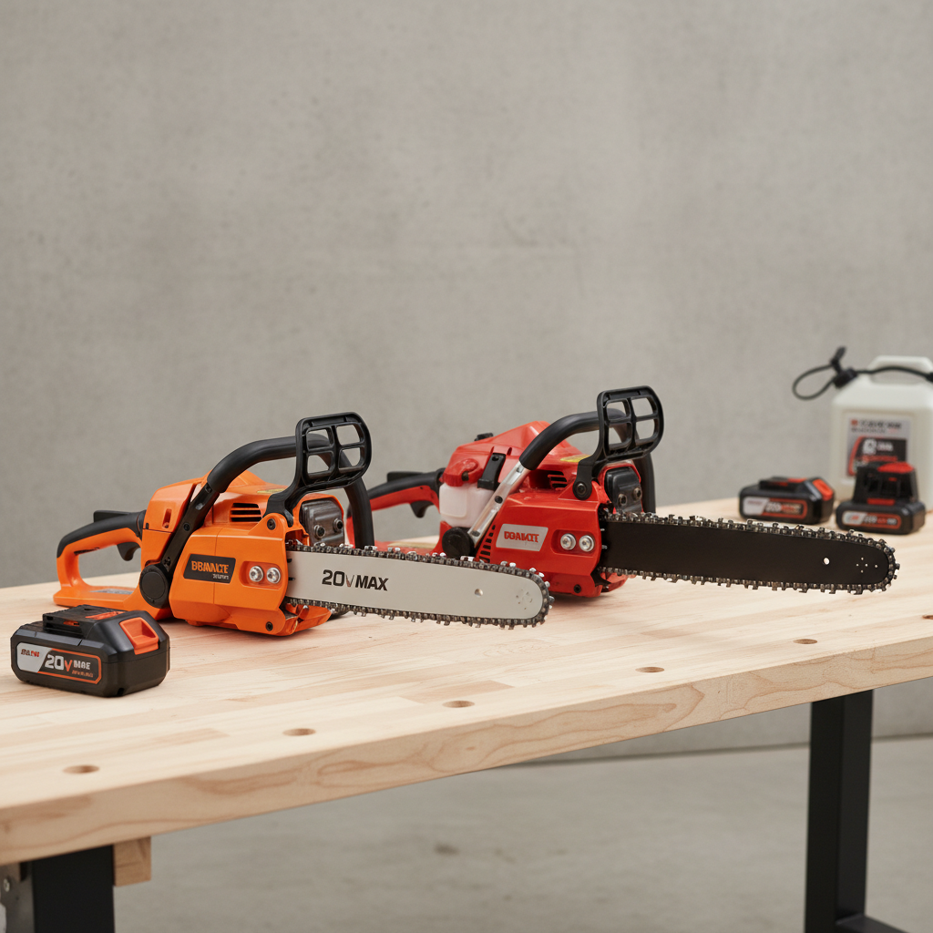 Battery and gas chainsaws side by side on a workbench