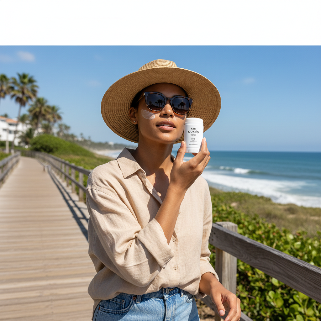 Reapplying face sunscreen outdoors during travel using a sunscreen stick