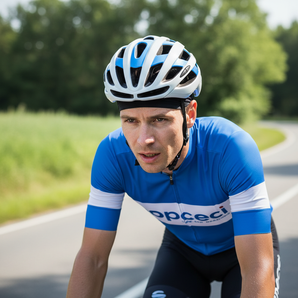 Cyclist wearing a sweat-wicking headband under a helmet on a sunny road ride