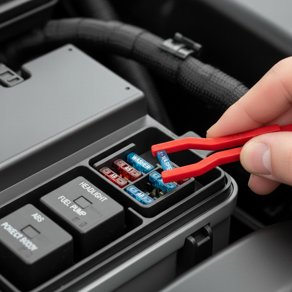 Checking washer pump fuse in a vehicle fuse box with fuse puller