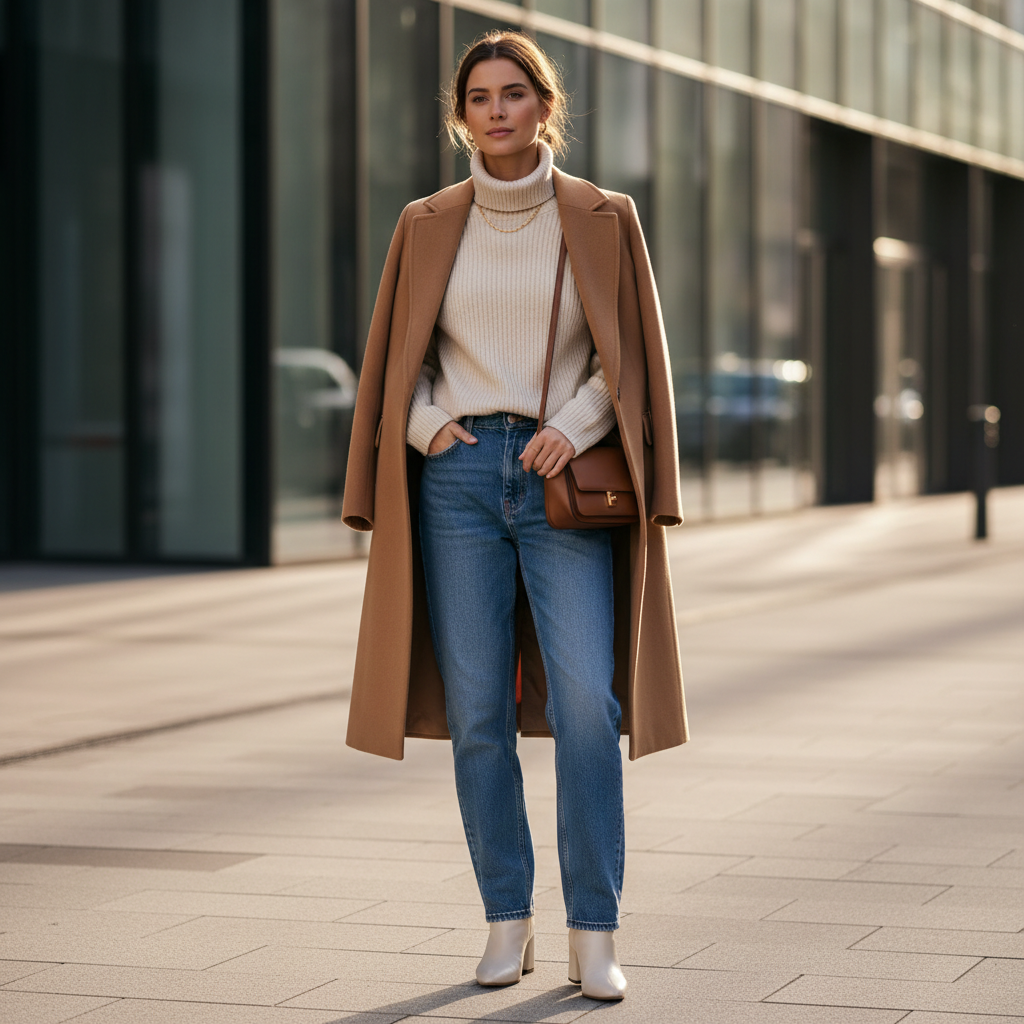 Neutral turtleneck sweater styled with tailored coat and straight-leg jeans