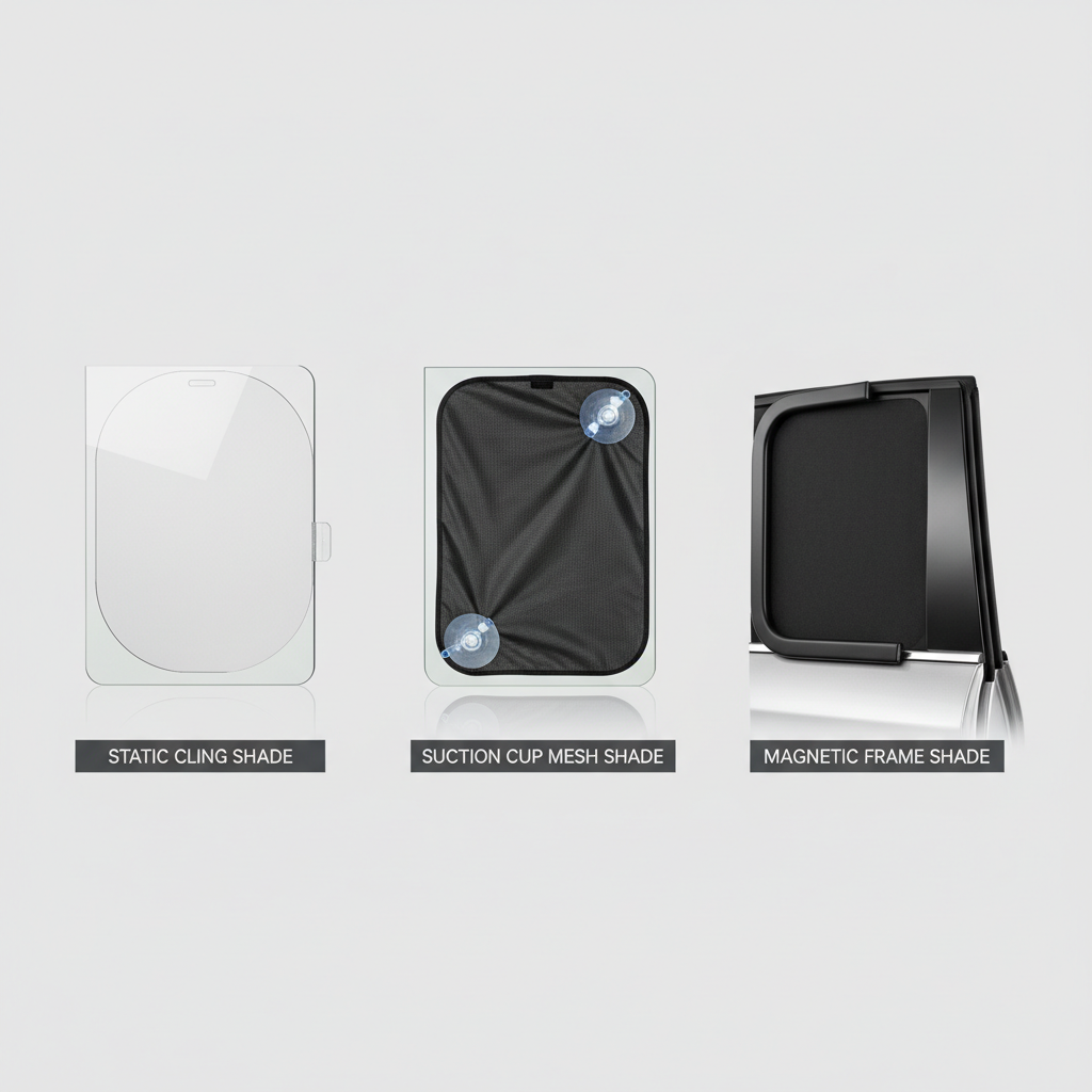 Comparison of static cling, suction cup, and magnetic car window shades