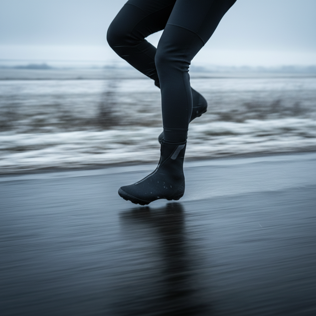 Cyclist riding in winter with insulated overshoes on a cold windy road