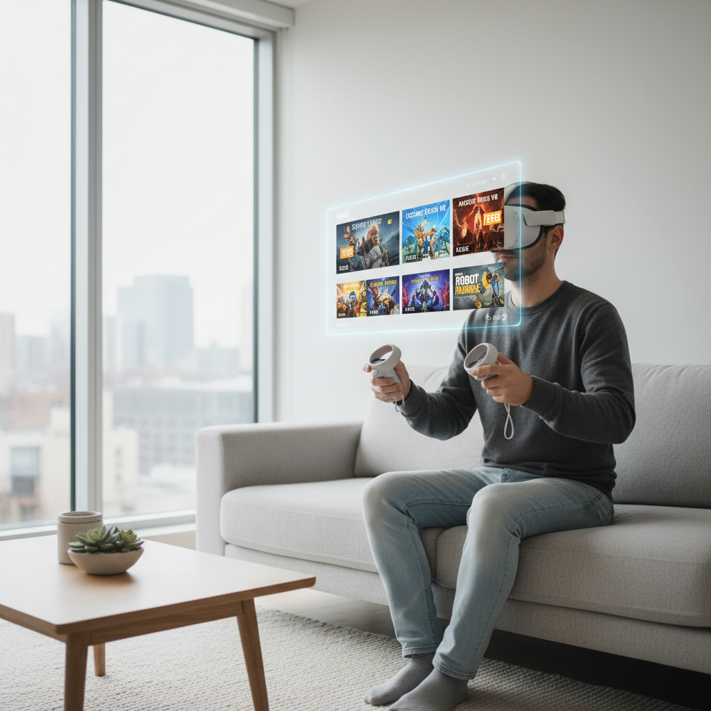 VR player browsing free games on a Quest headset home screen