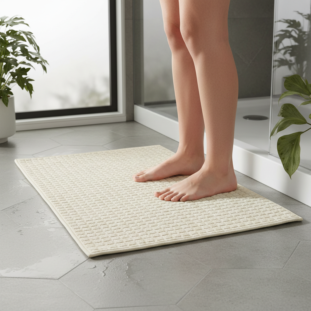 Person stepping onto a non slip bath rug after shower for safer footing