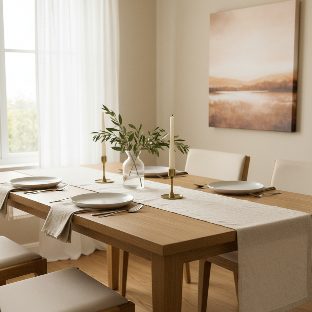 Simple modern dining table centerpiece with low vase and candles