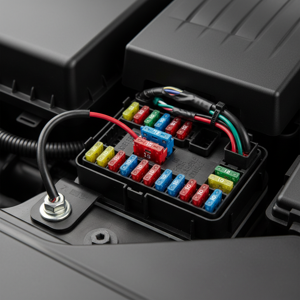 Fuse tap add-a-fuse installed in car fuse box with labeled fuses