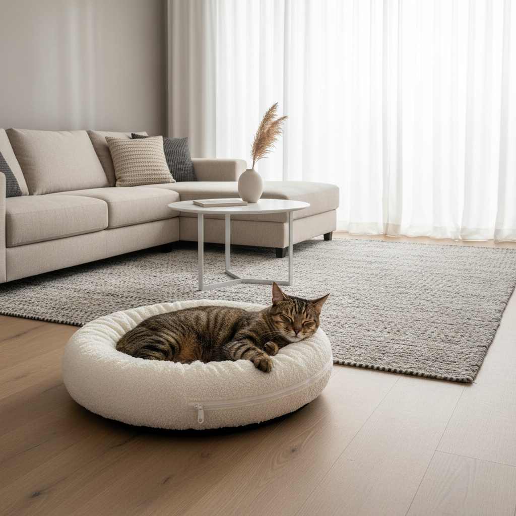 Cozy washable cat bed in a bright living room with a relaxed cat