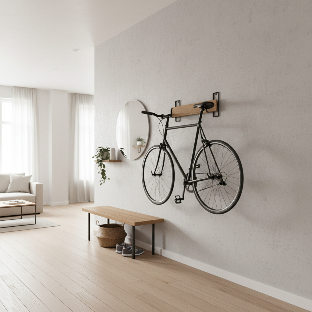 Apartment entryway with vertical bike rack saving space