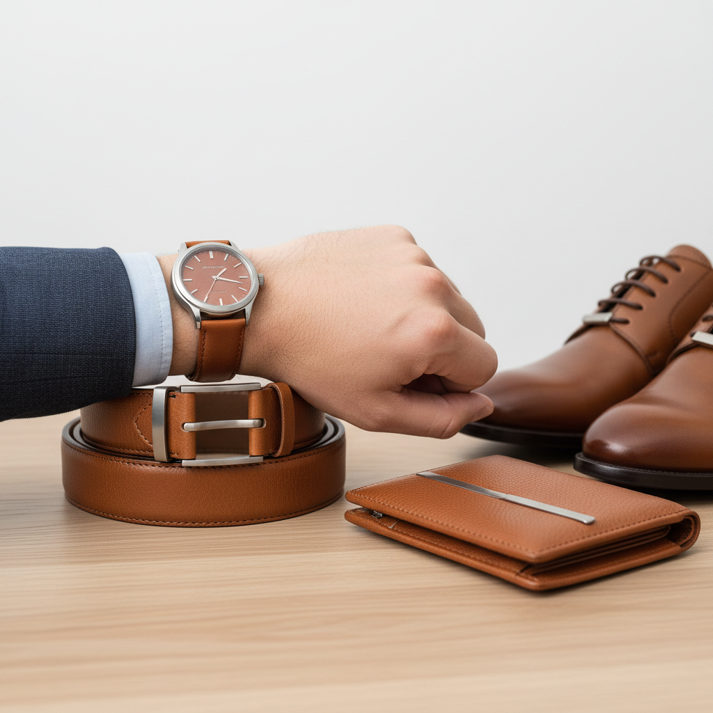 Close-up of watch metal and strap matching belt and shoes