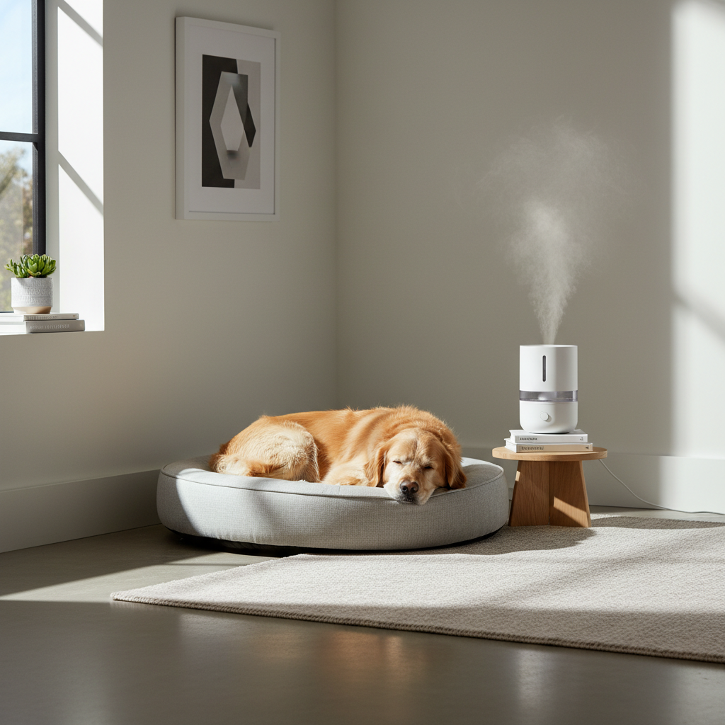 Humidifier near a dog bed for gentle moisture during a dog cold