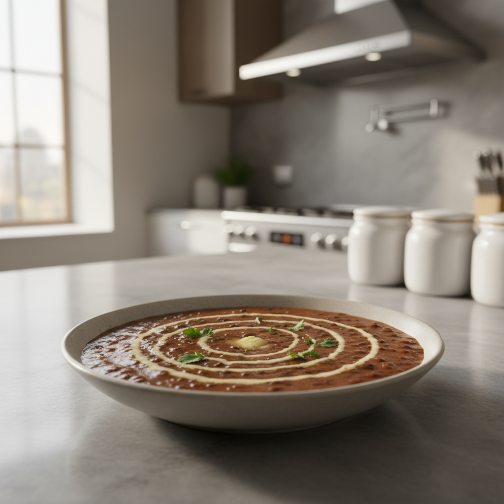 Creamy black dal makhani in a bowl with butter and cream swirl
