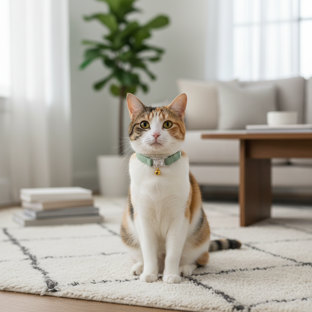 Cat wearing a breakaway collar with bell indoors