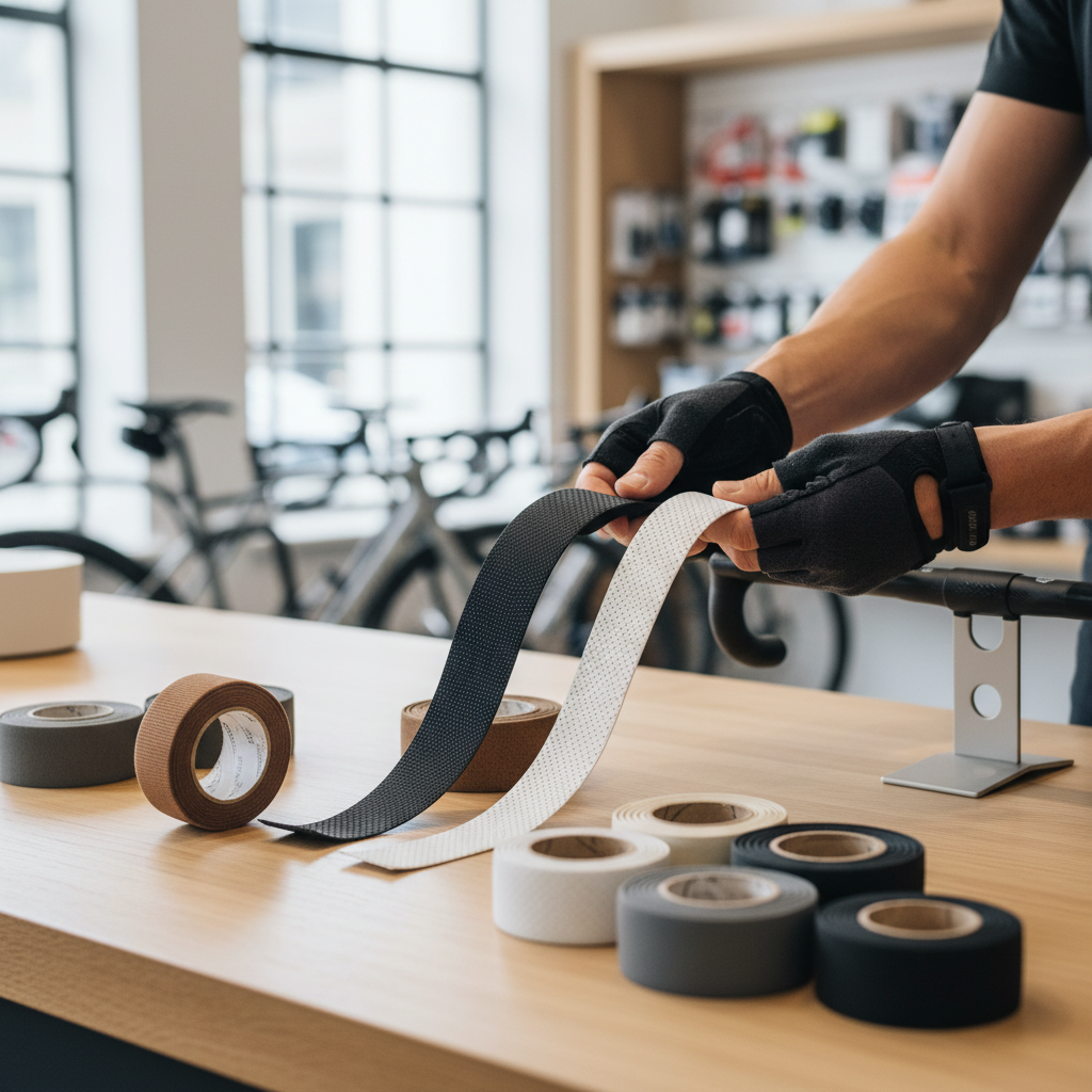 Cyclist choosing handlebar tape thickness and texture at a bike shop counter