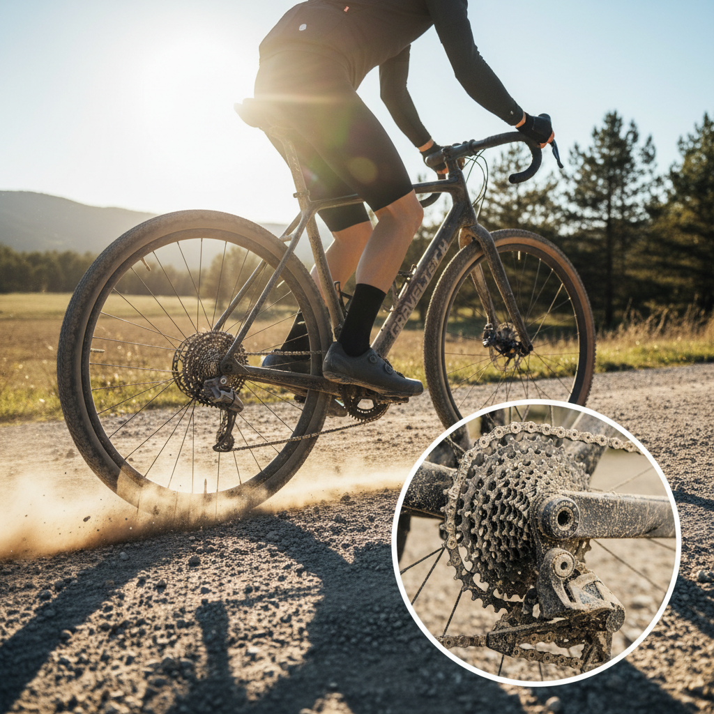 Dusty gravel road ride with drivetrain close-up showing dry conditions