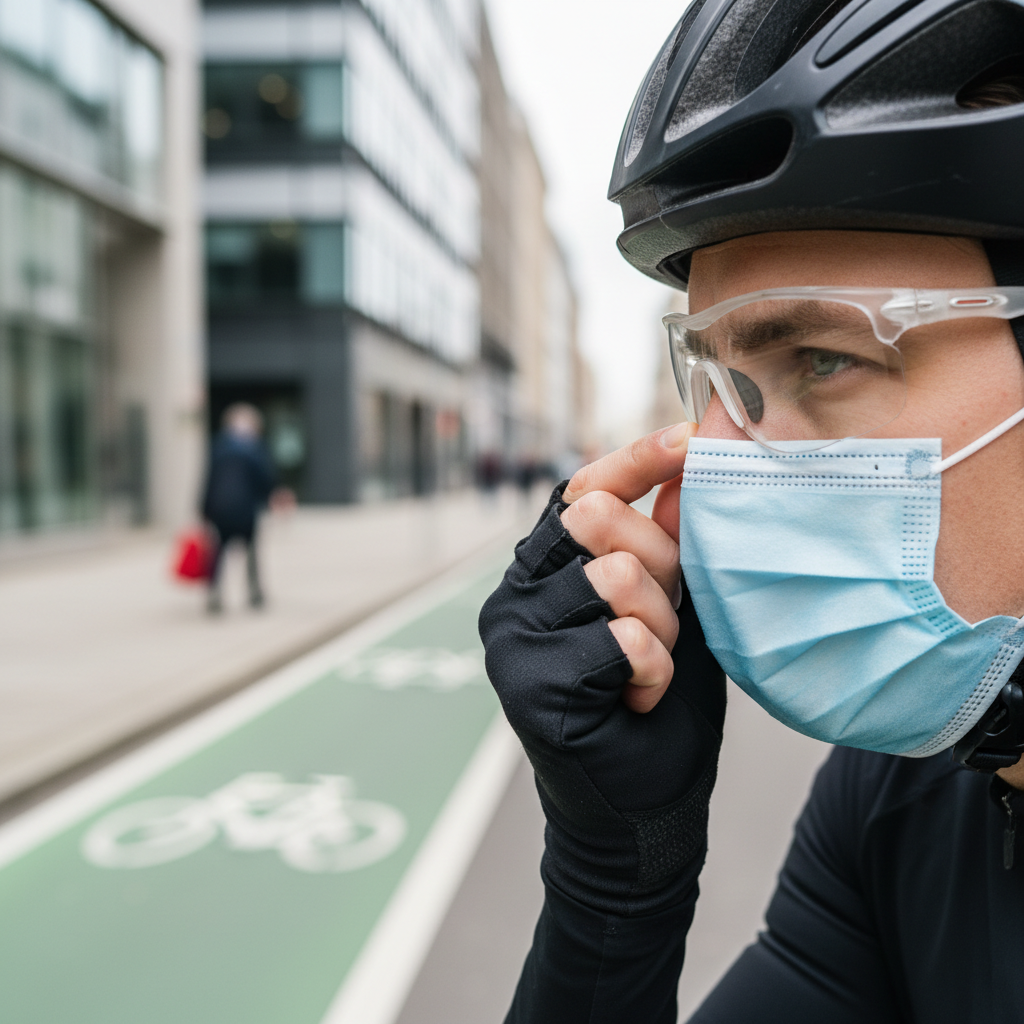 Cyclist wearing glasses and a mask using nose wire to reduce lens fog while riding