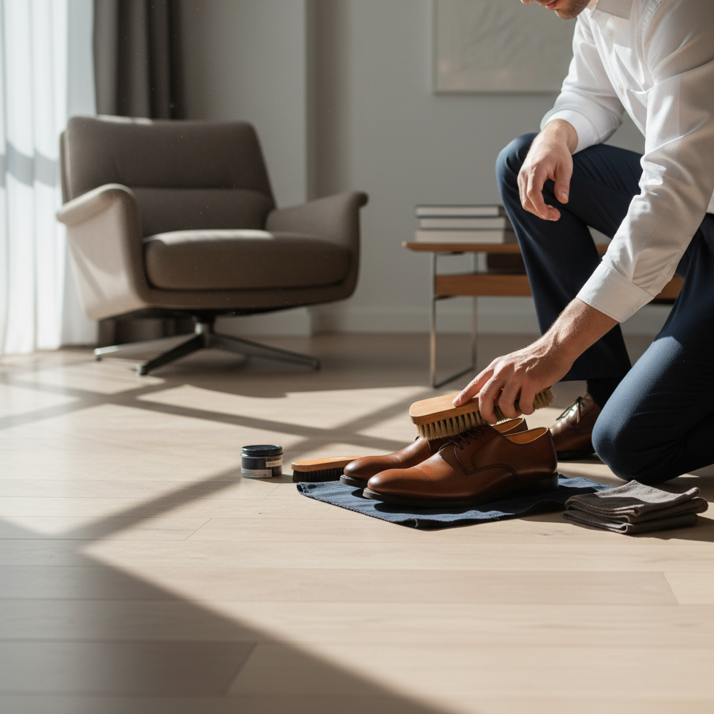 Buffing leather shoes with a horsehair brush for an even shine