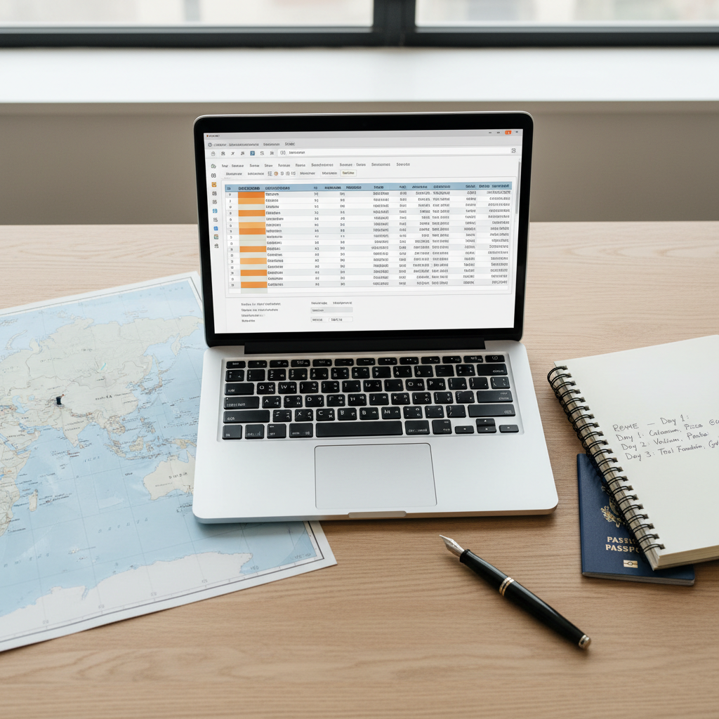 Budget planning for long-term travel with laptop, notebook, and map