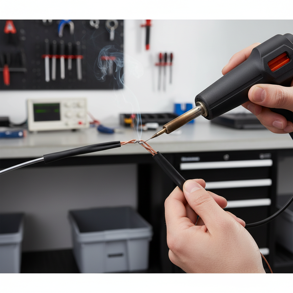 Technician soldering an inline wire splice and shrinking heat shrink for strain relief