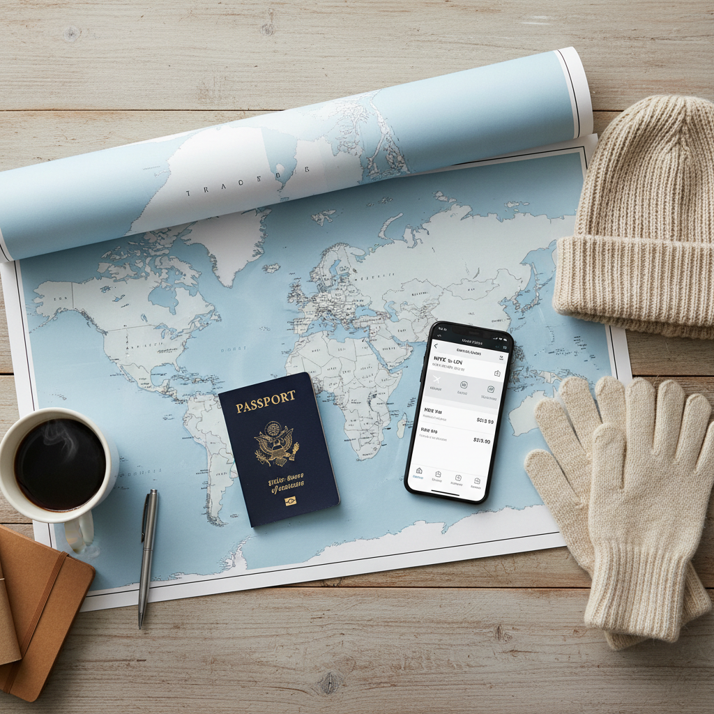 Winter trip planning with world map, passport, and warm accessories