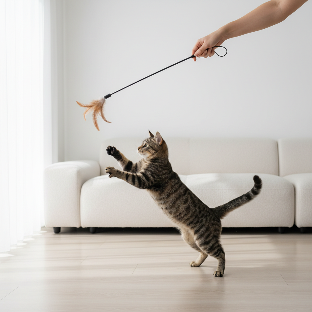 Cat playing with wand toy to prevent biting hands