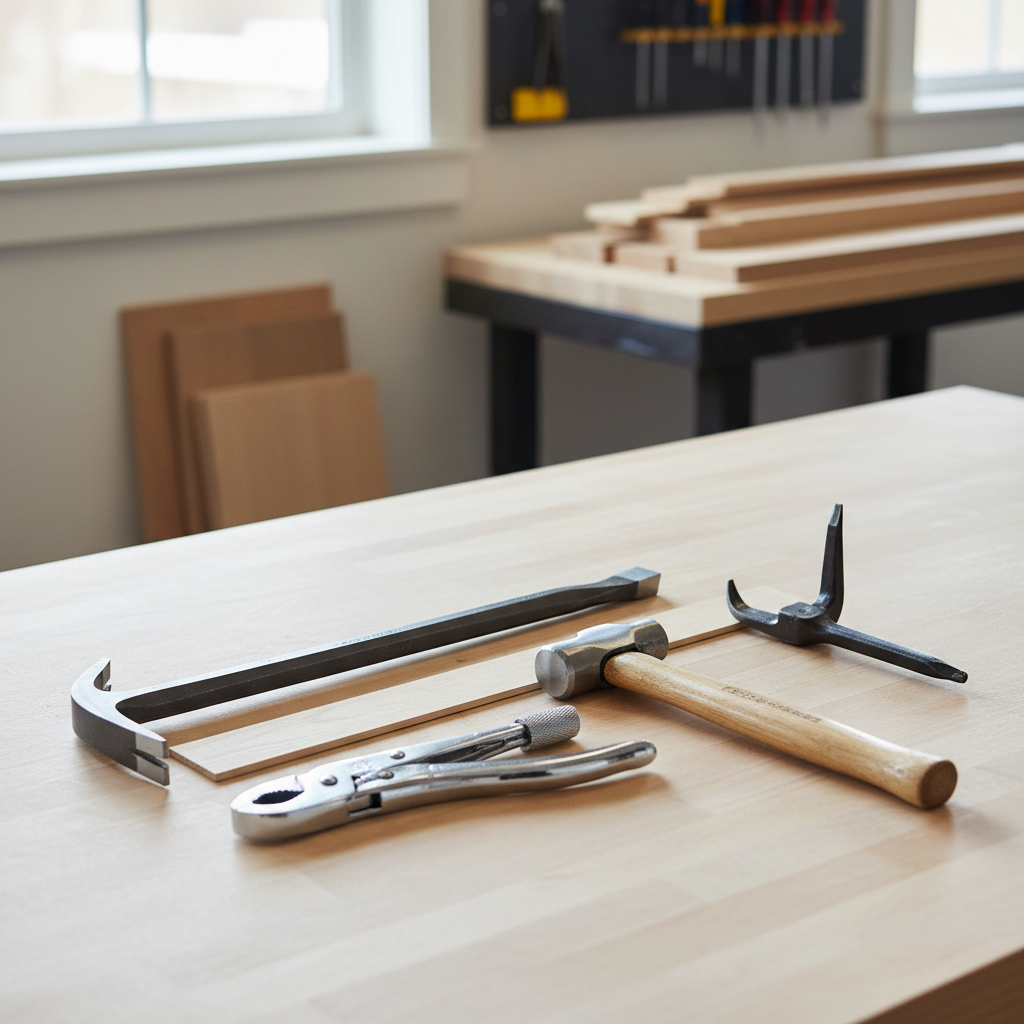 Pry bar, hammer, nail puller, and wood shim laid out for removing nails