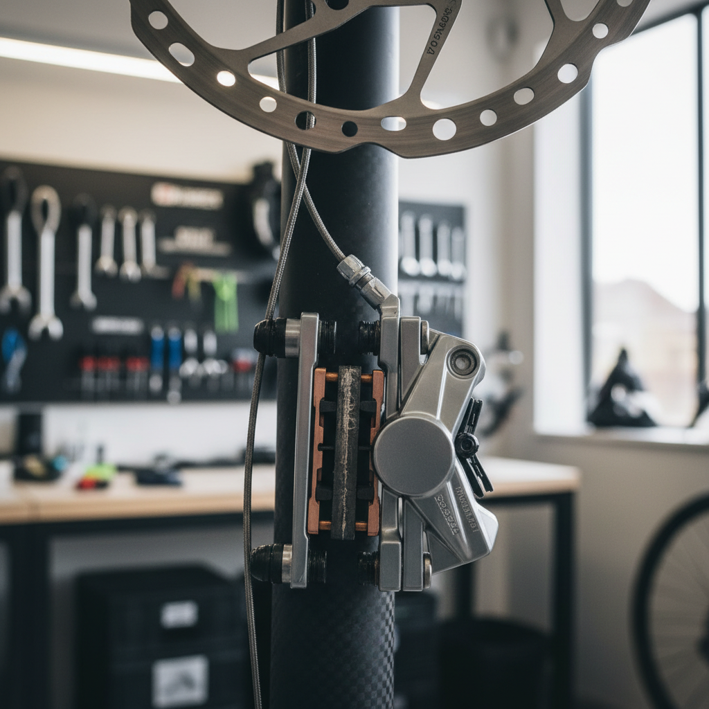Road bike disc brake caliper and brake pads close-up