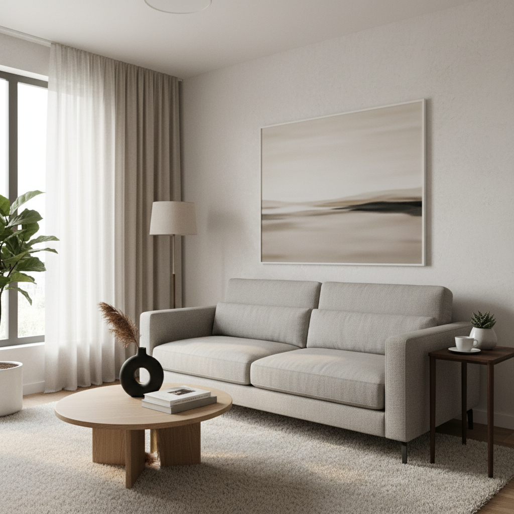 Small side table next to sofa in a tight living room layout