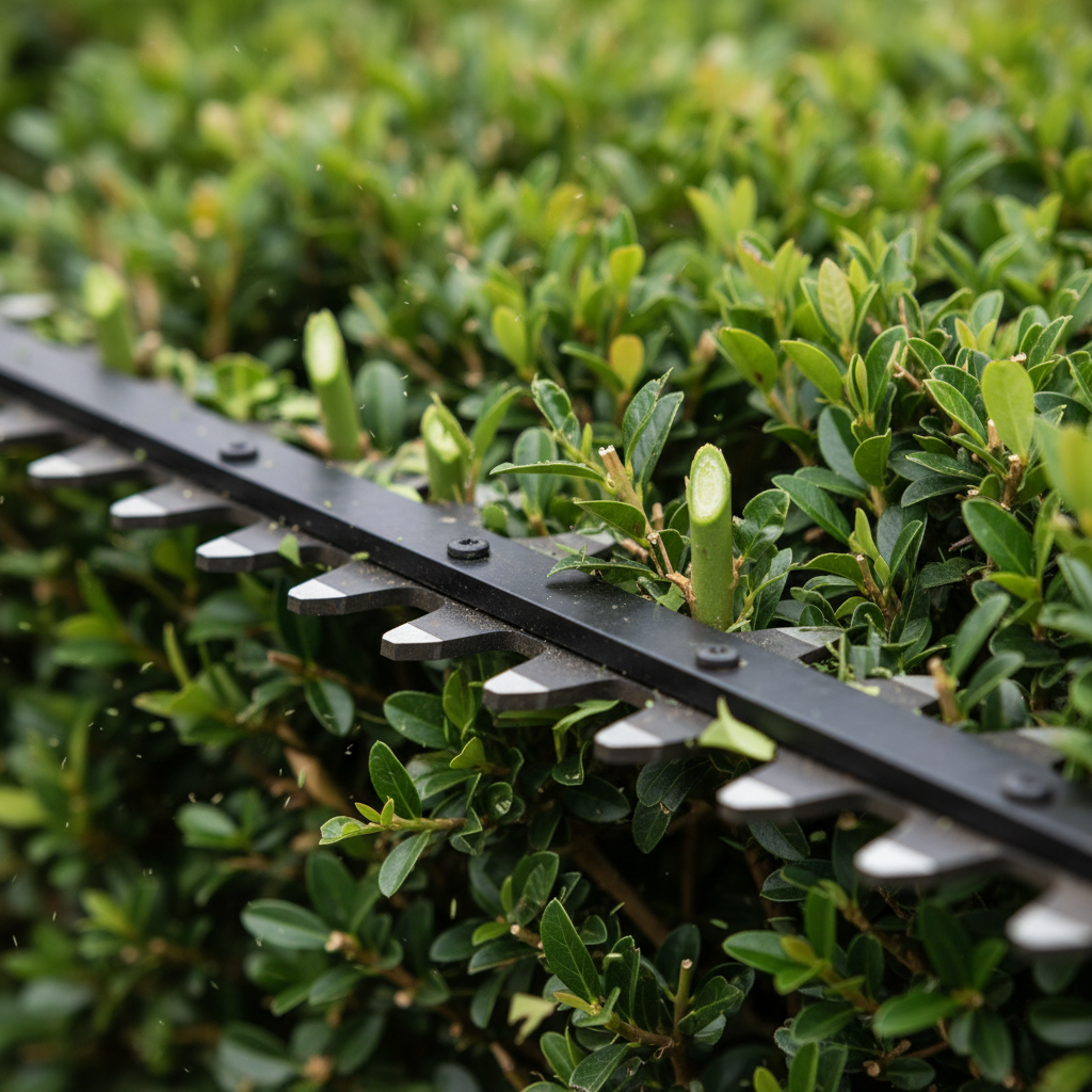 Close-up of hedge trimmer blade teeth cutting green shrub growth cleanly