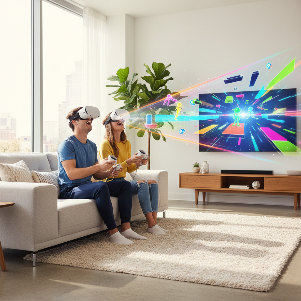 Friends playing a free VR multiplayer game in a bright living room
