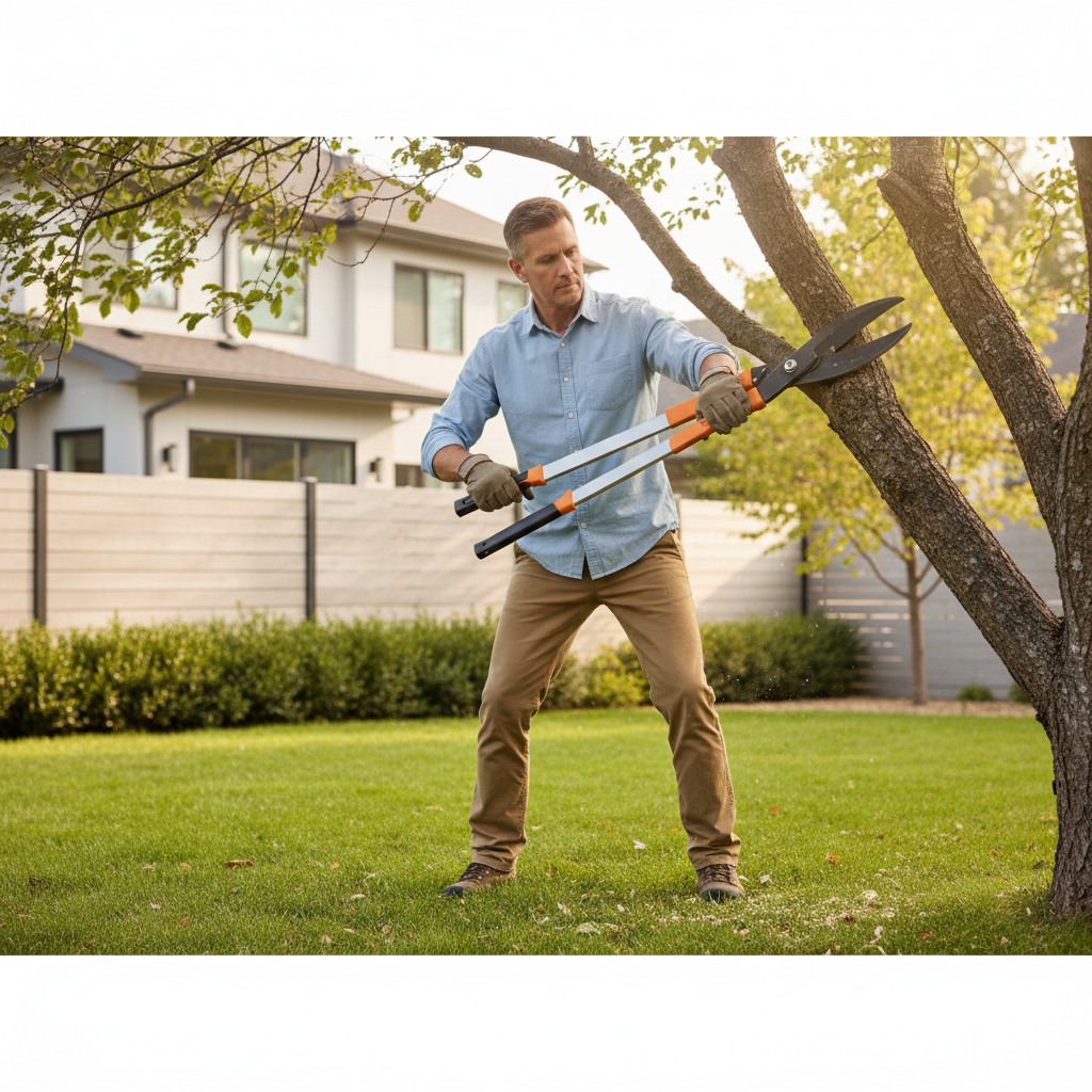 Lopper cutting a thick tree branch with proper hand positioning