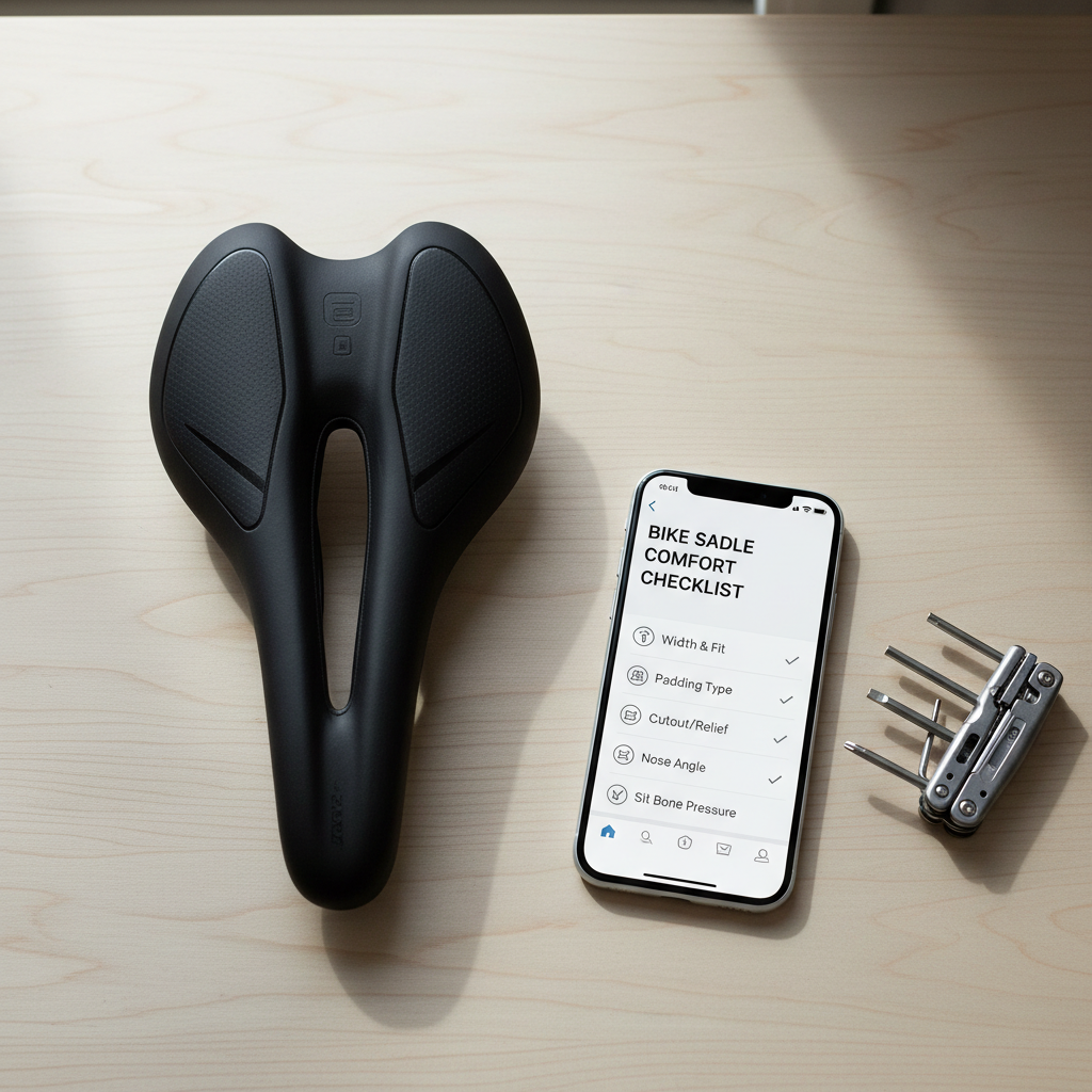Bike saddle fit checklist on a phone next to a bicycle seat and hex keys