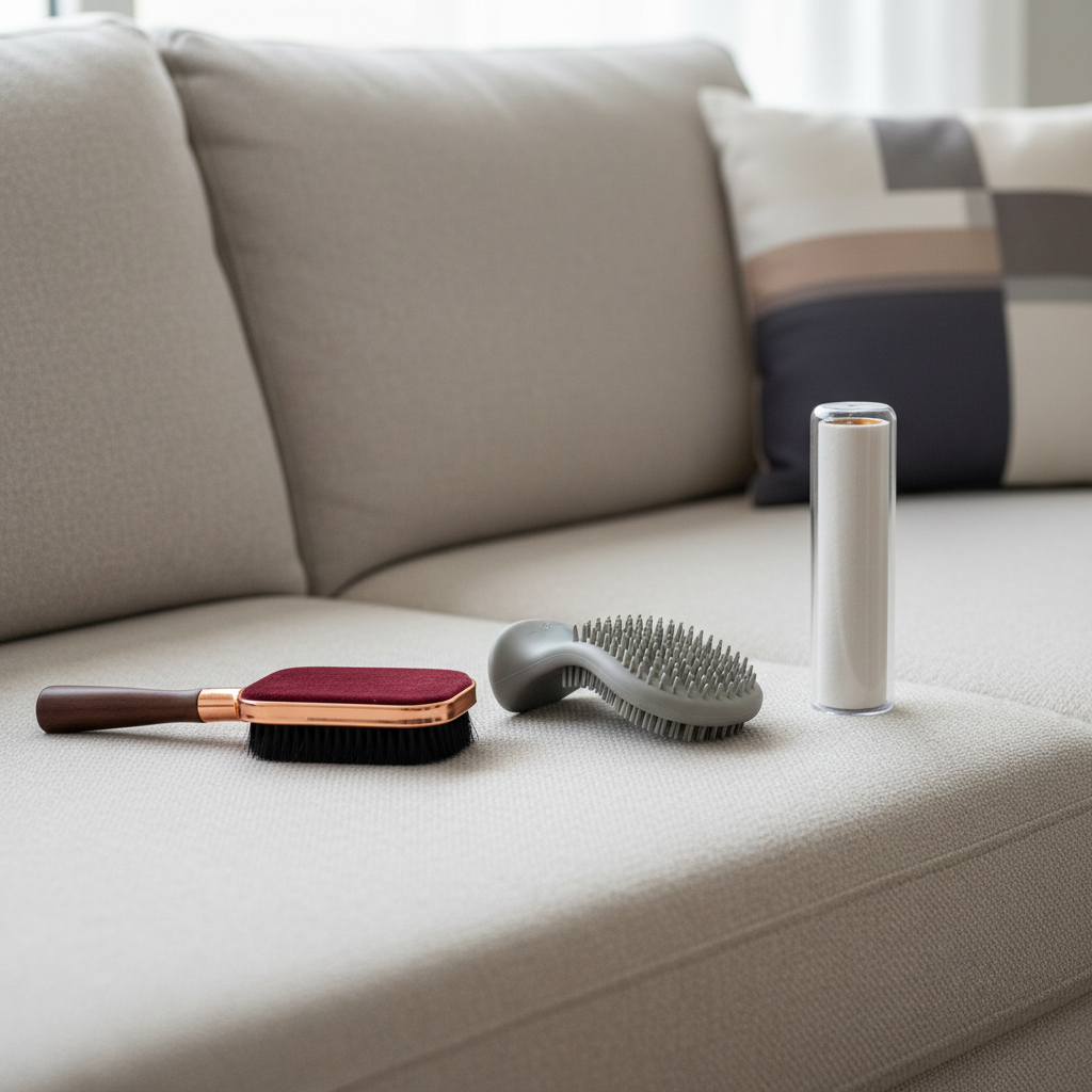 Reusable lint brush and rubber pet hair remover tools on a couch
