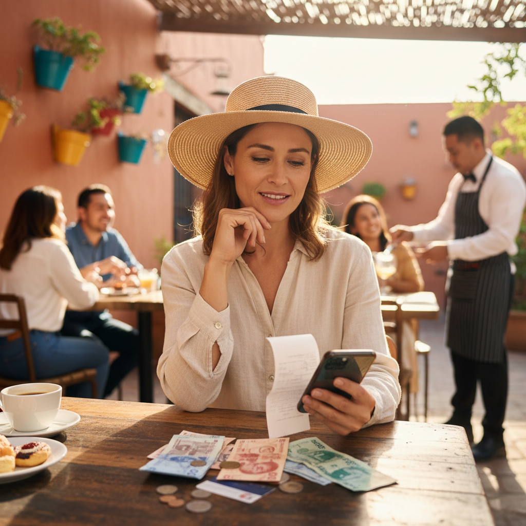 Tourist checking restaurant bill and currency in Mexico to avoid common travel scams