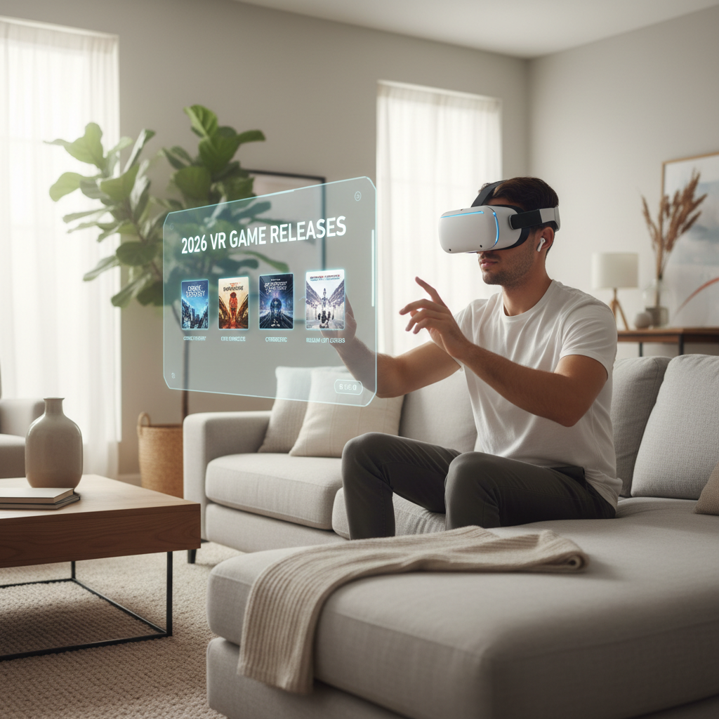 VR gamer browsing a 2026 release list on a headset with a modern living room setup