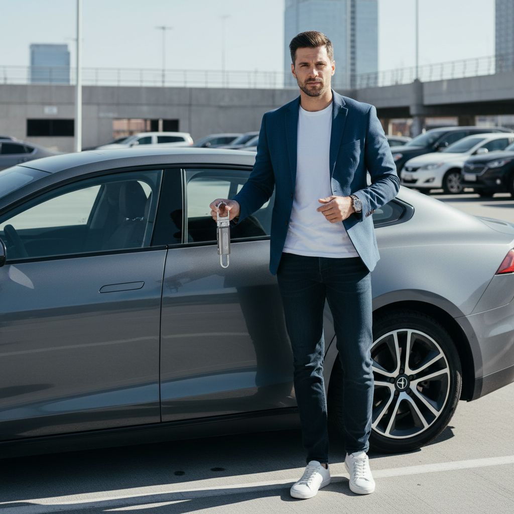 Men using car key chain with quick-release and organizer