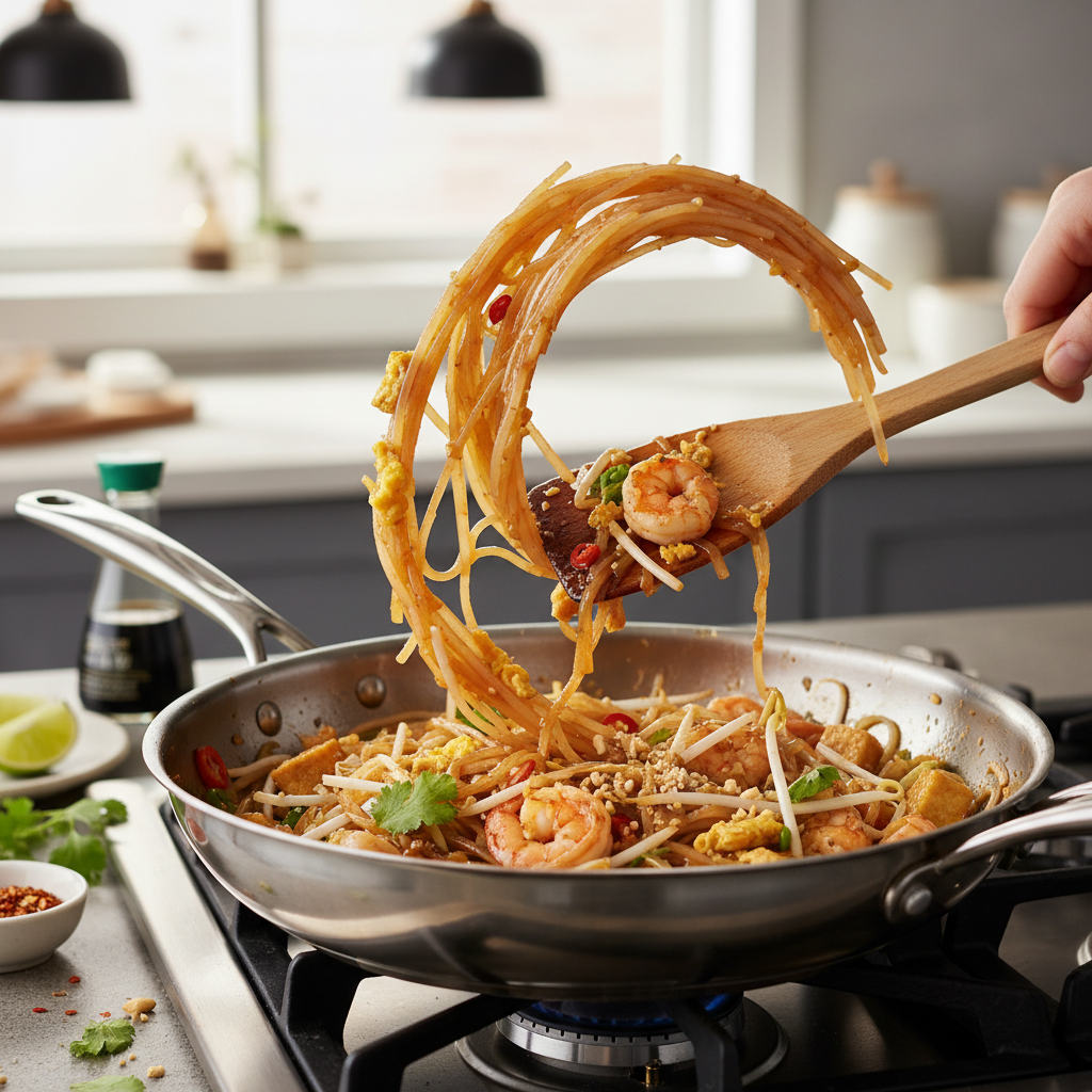Pad Thai noodles tossing in a skillet with egg and shrimp