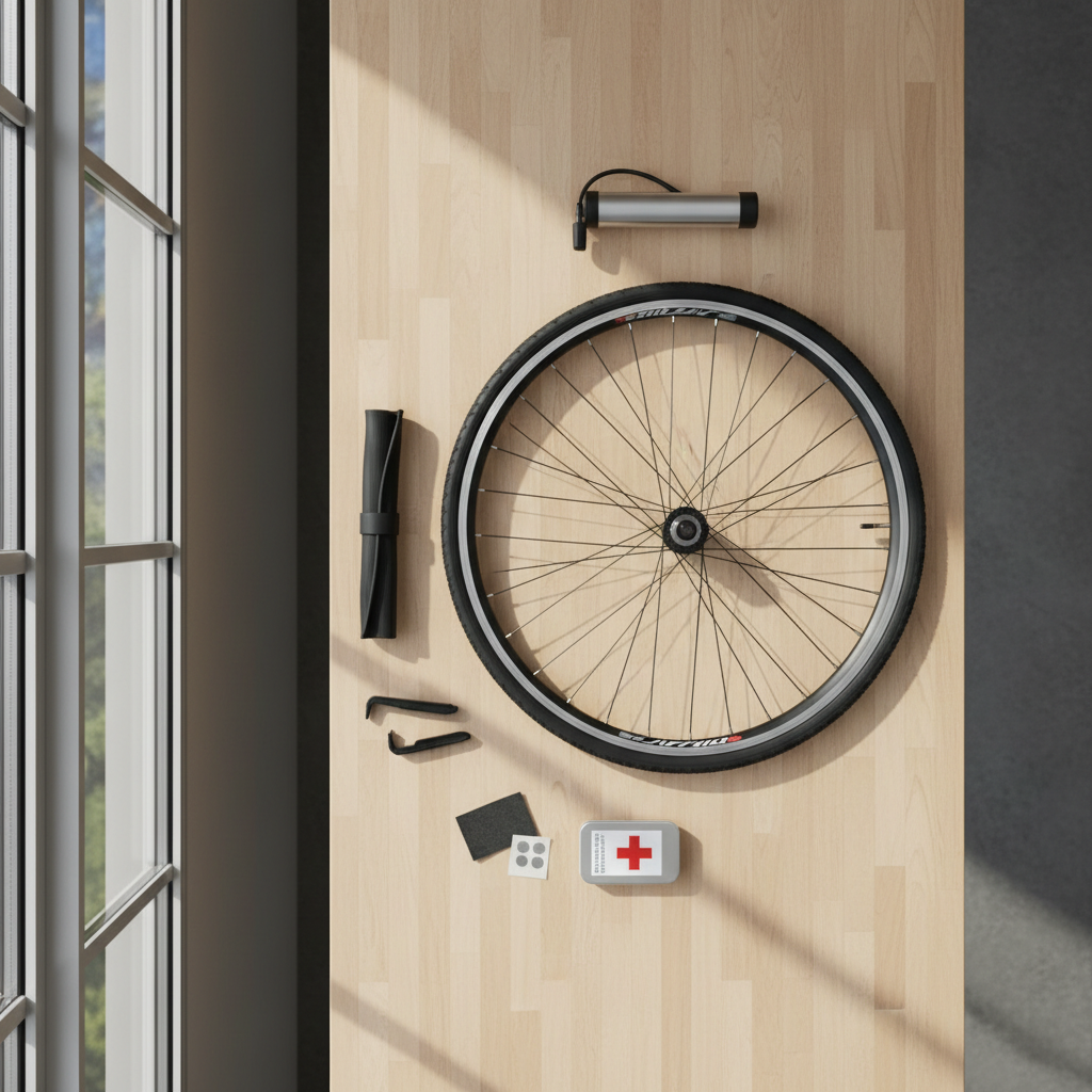 Home bike repair setup with spare tube, levers, and mini pump laid out neatly