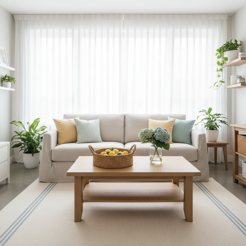 Small apartment living room with bright summer decor and light linens