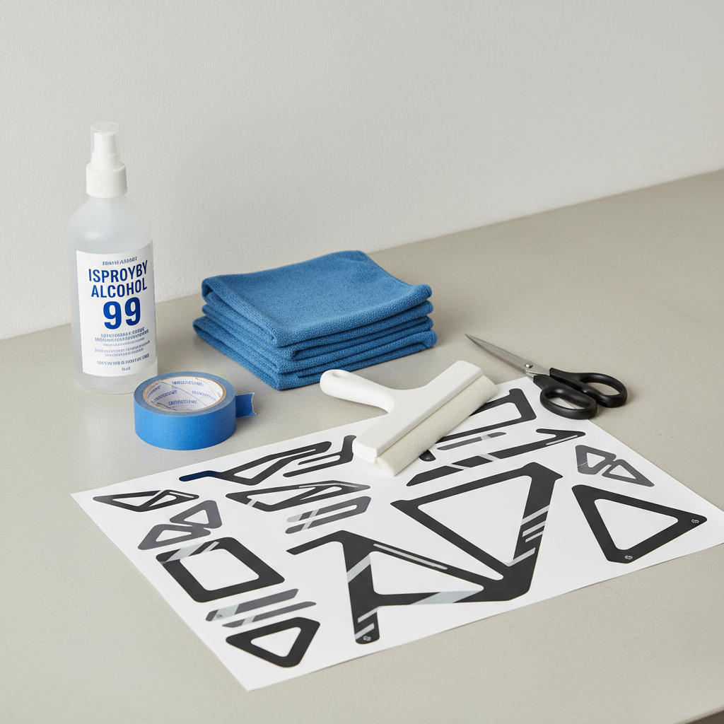 Bike decal installation tools: isopropyl alcohol, microfiber cloth, felt squeegee, painter tape