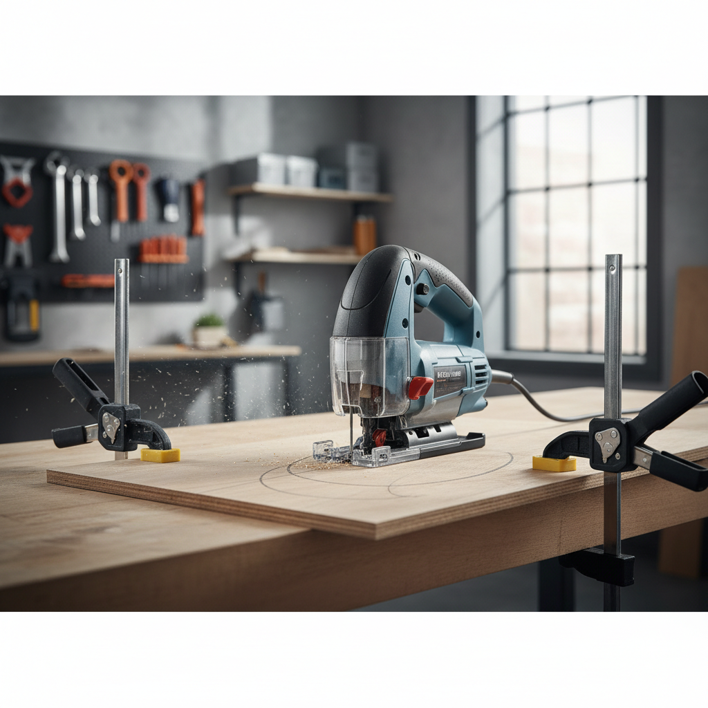 Jigsaw cutting a smooth curve in plywood with the right blade