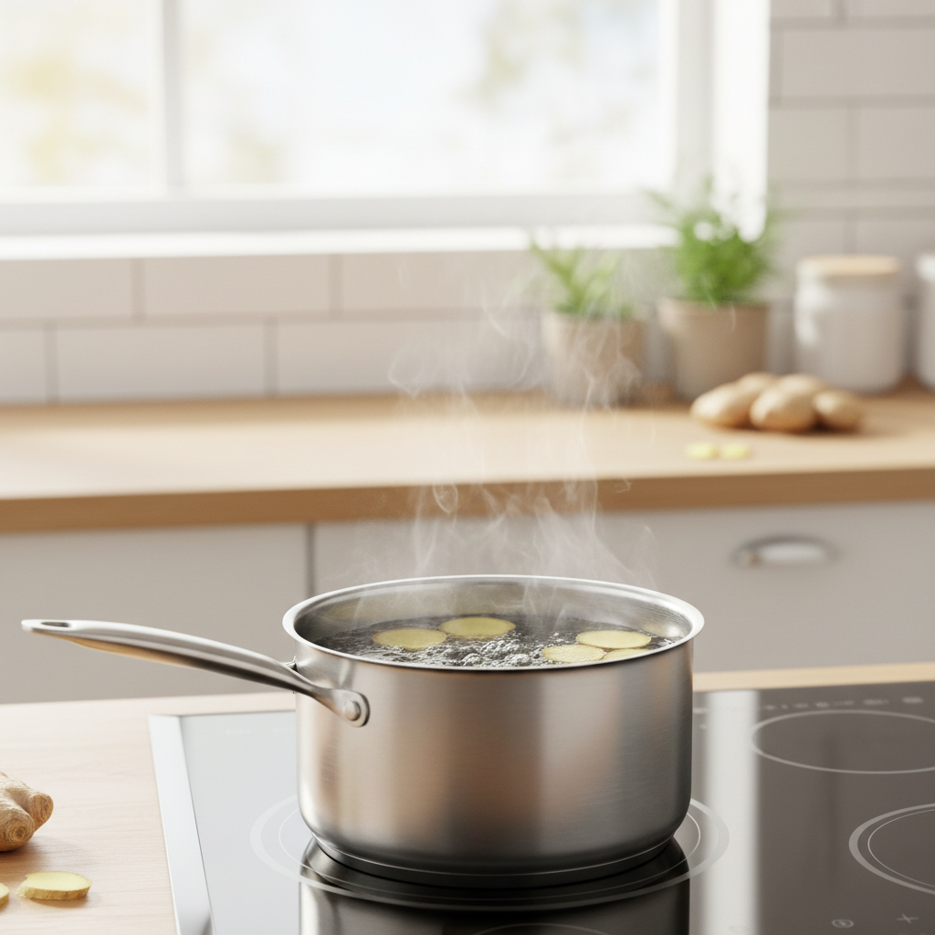 Stovetop pot simmering sliced ginger for ginger tea preparation