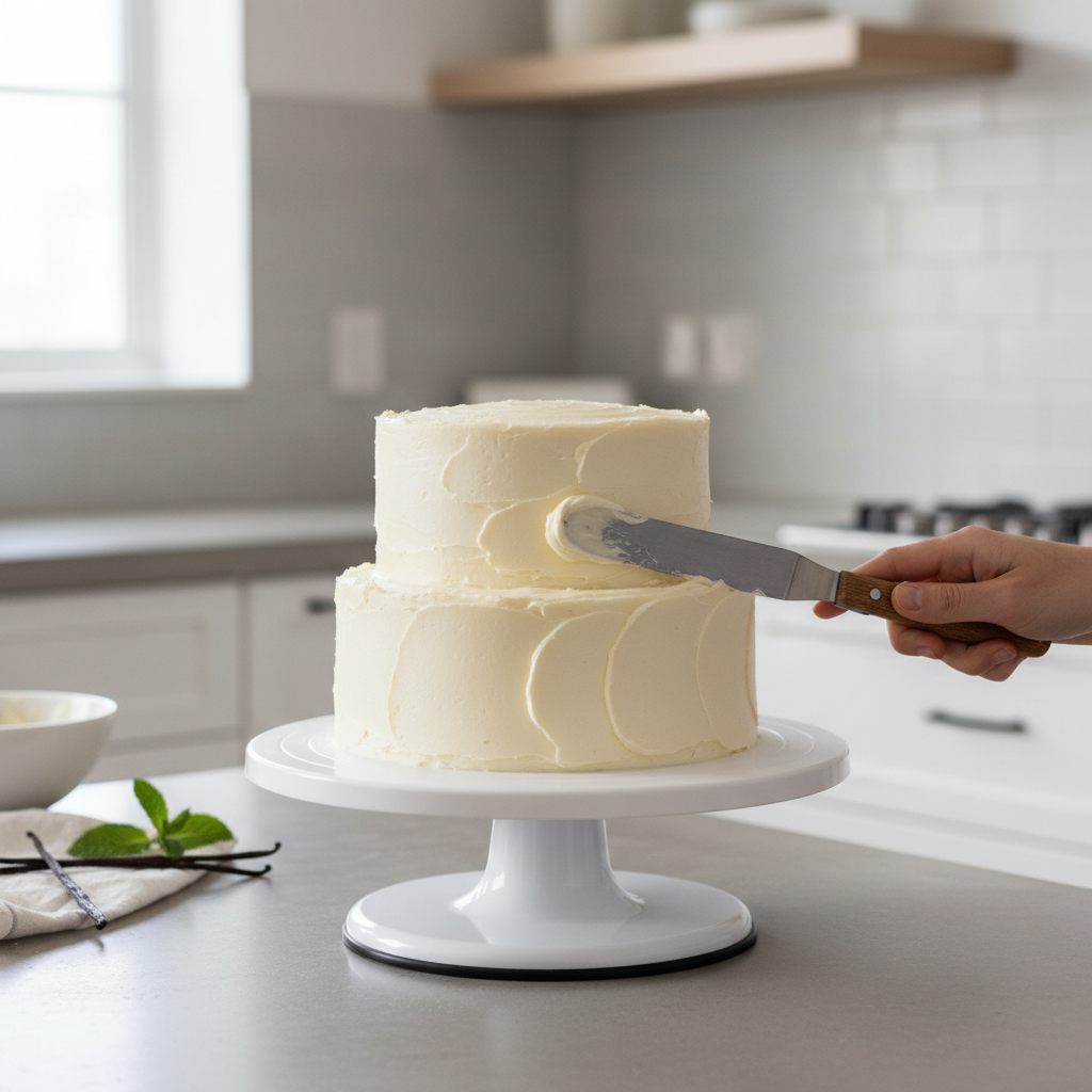 Frosting a homemade vanilla layer cake with an offset spatula