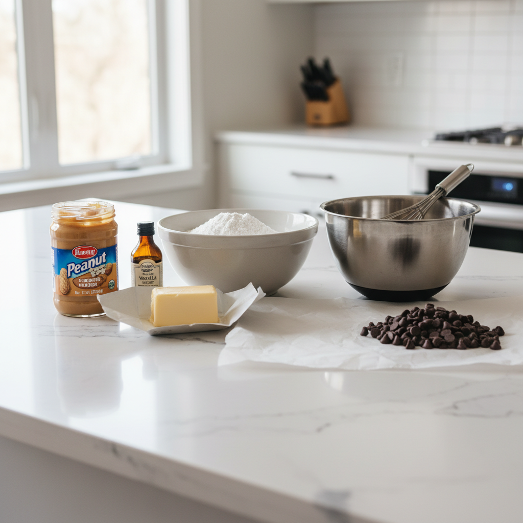 Peanut butter ball ingredients arranged for an easy no-bake recipe