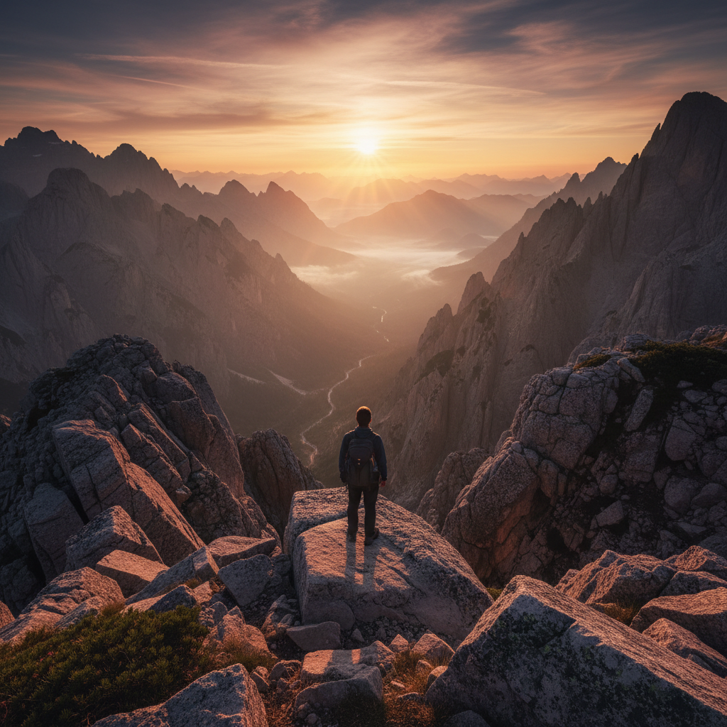 Hiker overlooking dramatic mountain valley at sunrise, adventure travel planning concept