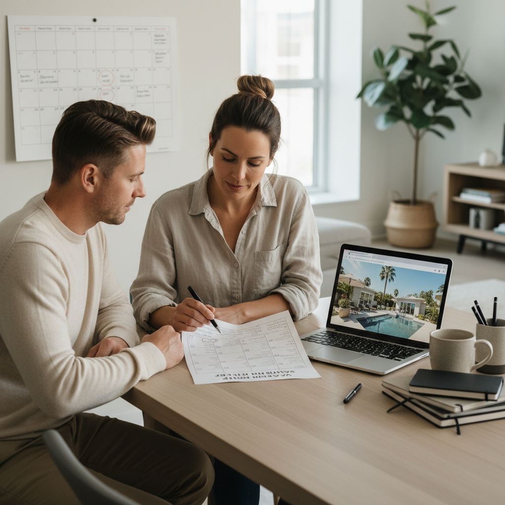 Parents reviewing a family vacation rental checklist with notes and calendar