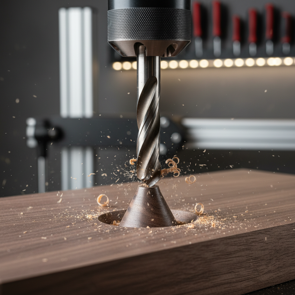 Countersink drill bit creating a clean tapered seat in hardwood