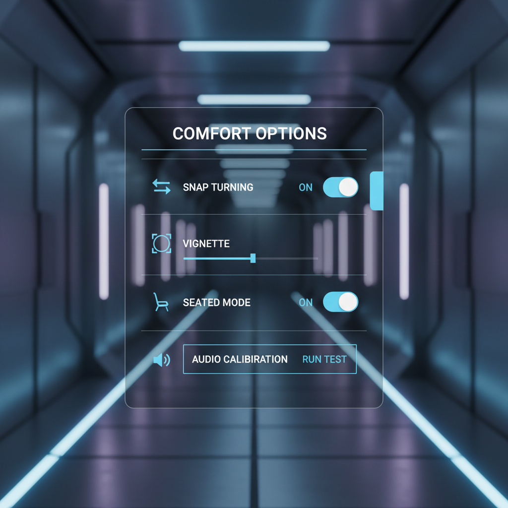 VR comfort settings screen with snap turn and vignette options for stealth games