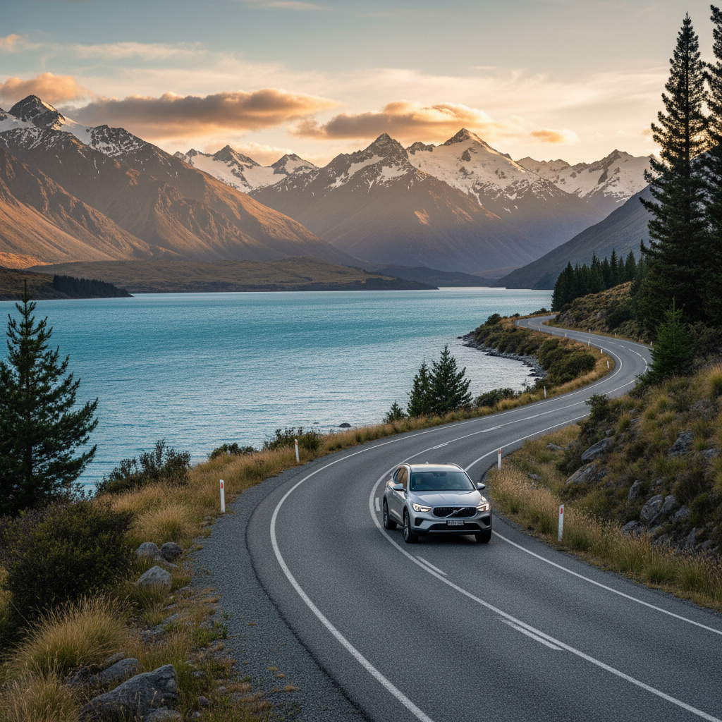 Scenic drive on New Zealand South Island near lakes and mountains